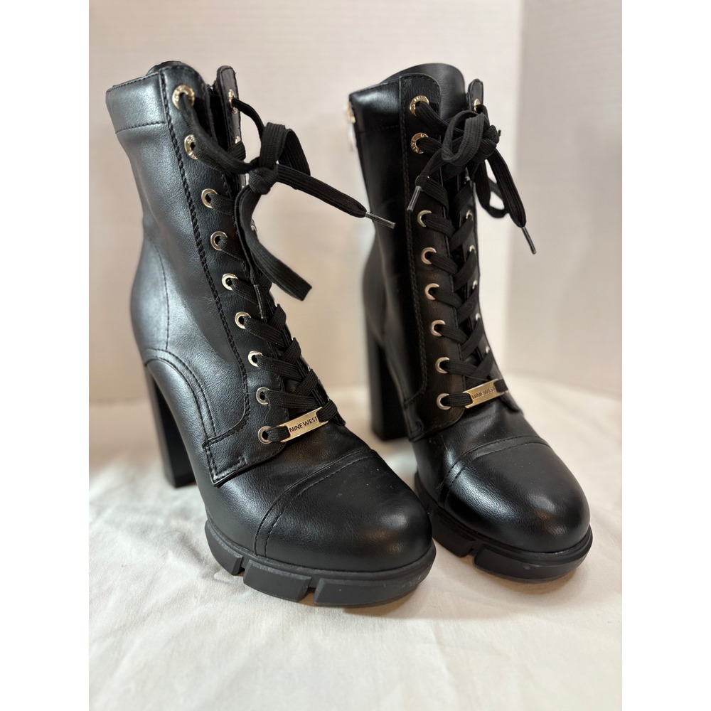 Nine West Black Lace Up Combat Boots Block Heel Lug Sole Side Zip Womens 10